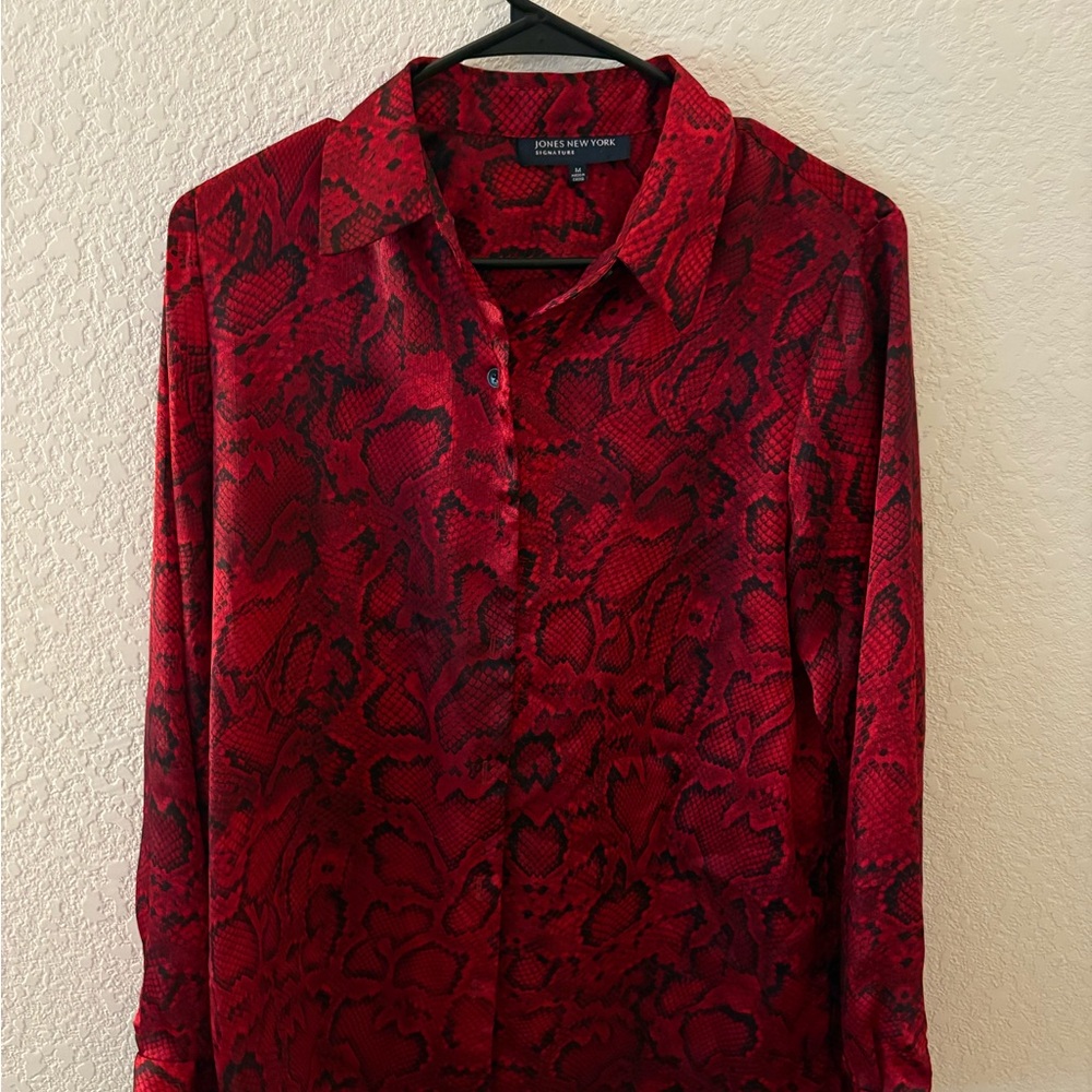 Red Snake Print Silk Button-Up Shirt